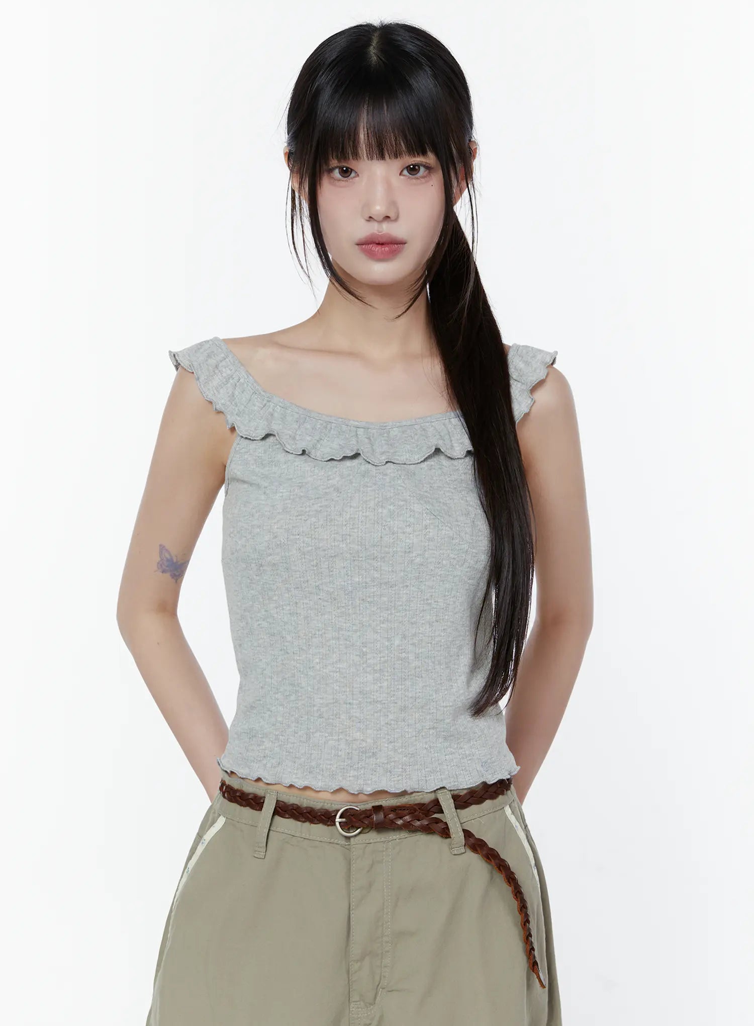 romantic-frilled-sleeveless-top-cu508 / Gray