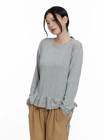 frill-ribbon-long-sleeve-top-f502 / Gray