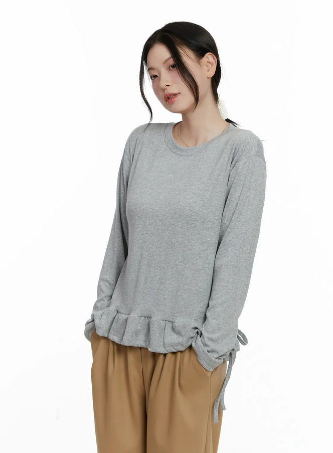 frill-ribbon-long-sleeve-top-f502 / Gray