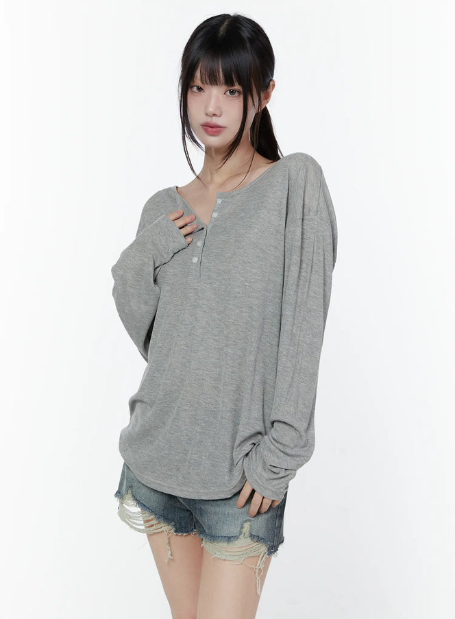relaxed-fit-ribbed-henley-tee-cu508 / Gray
