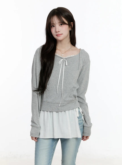 lace-ribbon-hooded-long-sleeve-top-cm505 / Gray