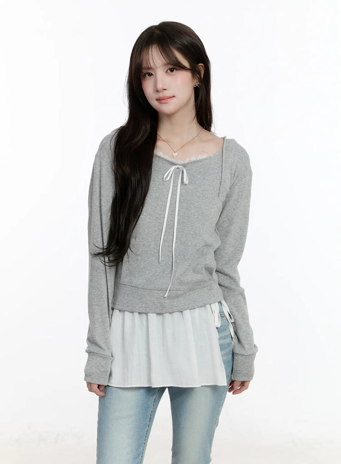lace-ribbon-hooded-long-sleeve-top-cm505 / Gray
