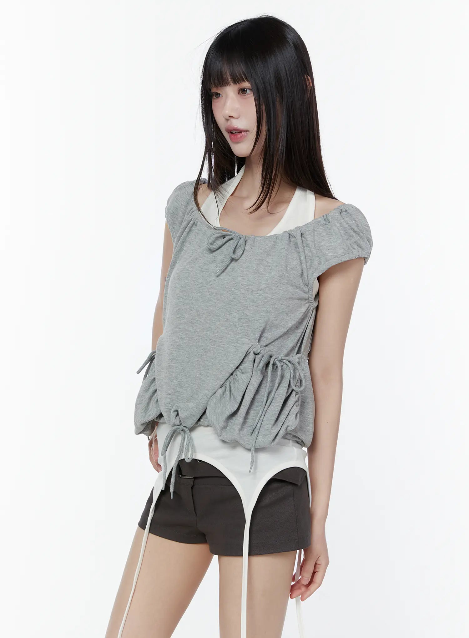 ribbon-detail-two-way-tee-cu508 / Gray