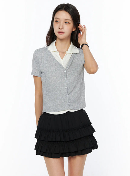 shirt-layered-button-up-knit-top-cu522 / Gray