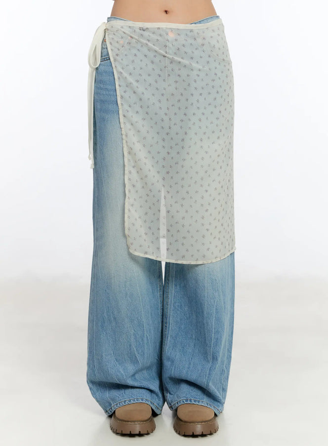 floral-sheer-layered-skirt-ca508 / Light beige