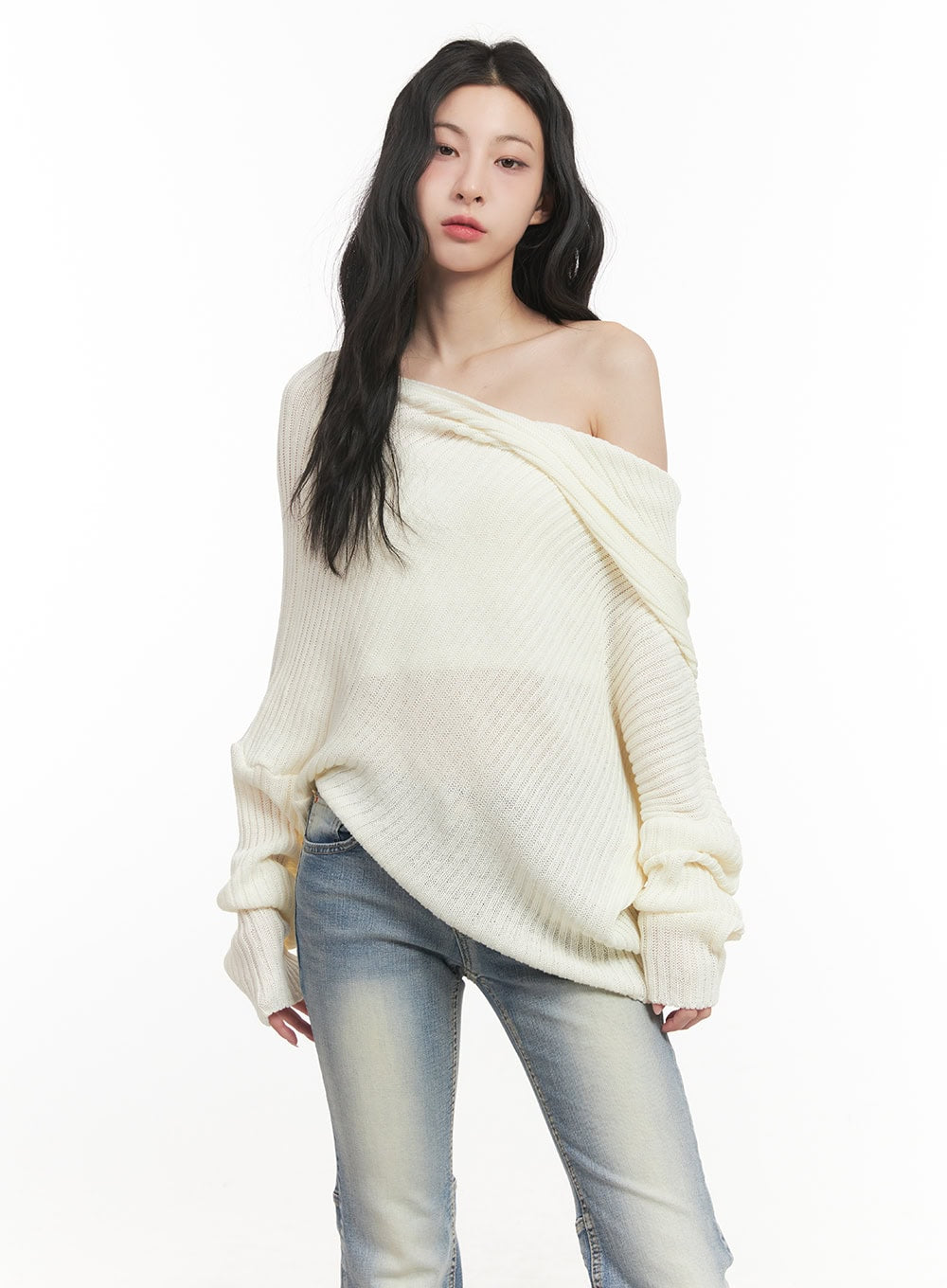 ribbed-off-shoulder-hooded-sweater-cf513 / Light beige