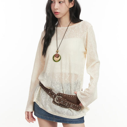 butterfly-lace-sheer-long-sleeve-top-cf513 / Light beige