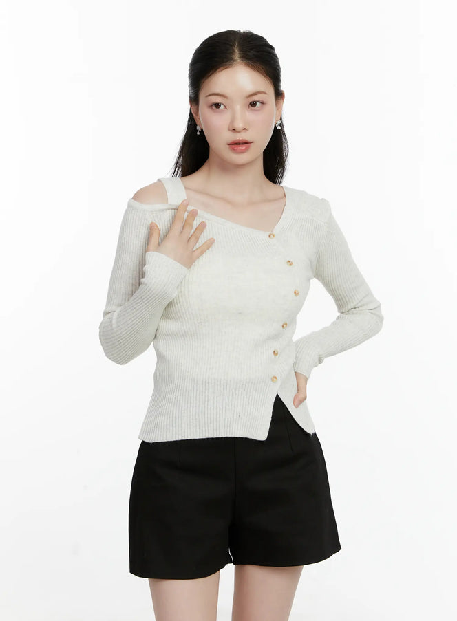 asymmetric-button-long-sleeve-knit-top-f502 / Light beige