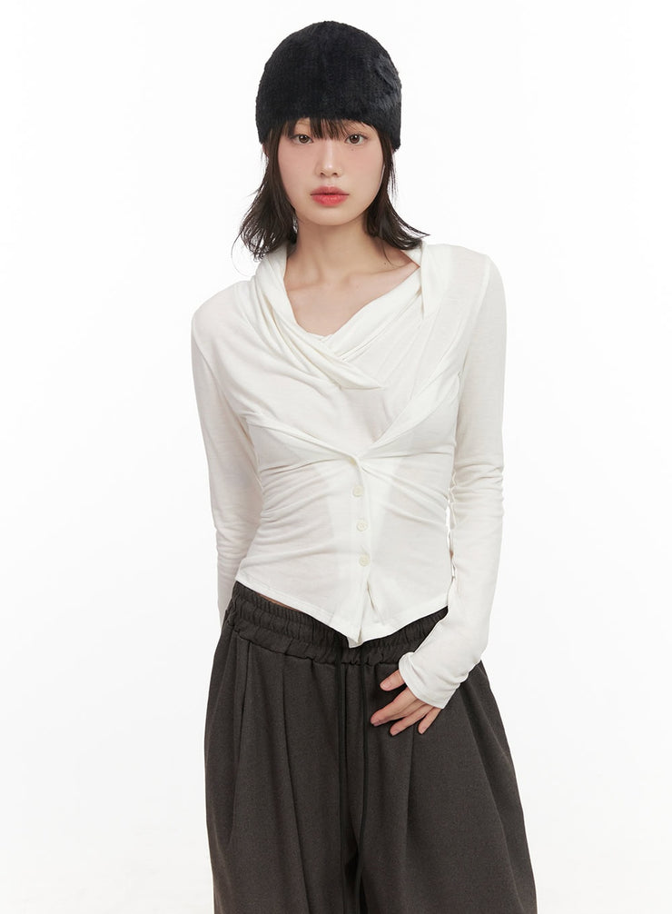 corset-long-sleeve-hooded-top-cj501 / Light beige