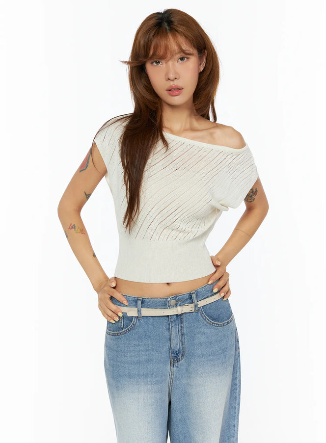 Chic Off-Shoulder Knit Top CU517 in Light beige, size S/M
