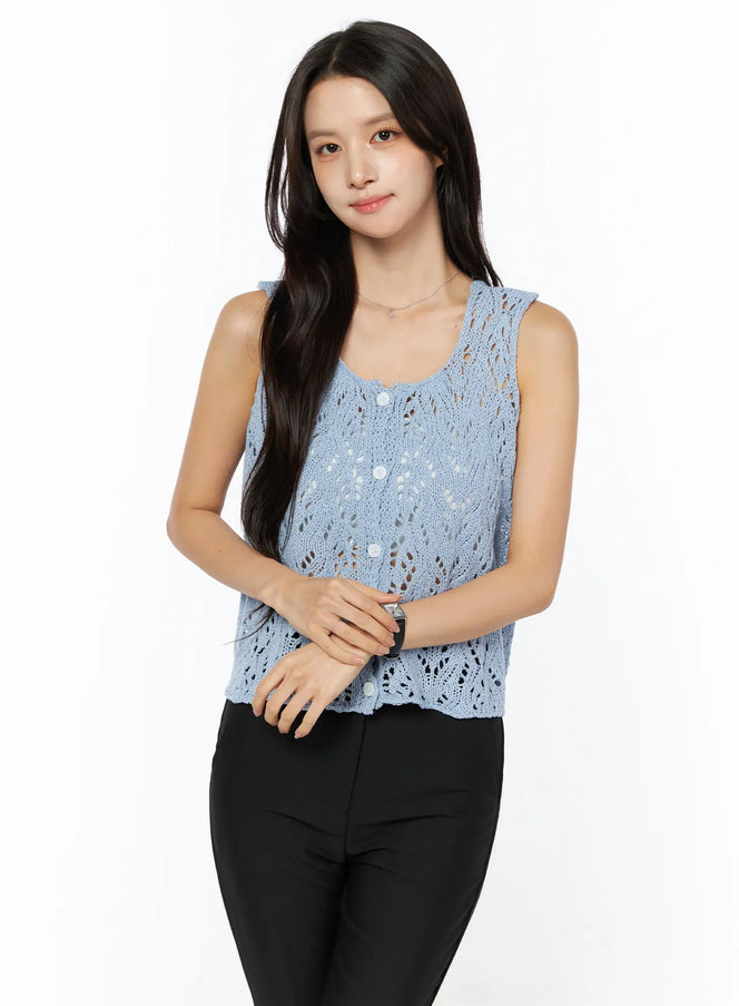 Crochet Knit Sleeveless Top CU522 in Light blue, size S/M