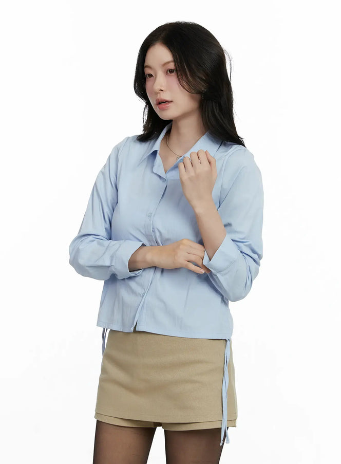 elegant-cropped-string-long-sleeve-shirt-f502 / Light blue