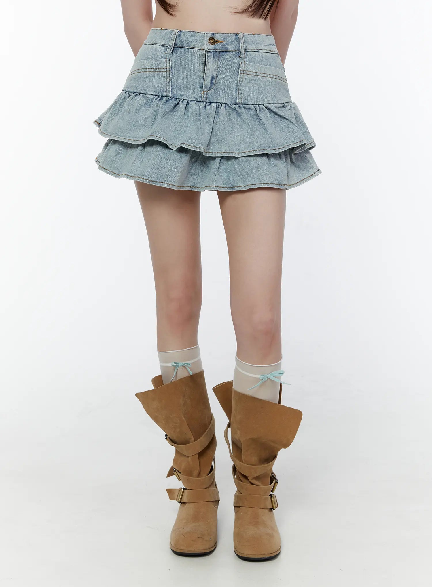 ruffled-denim-mini-skirt-cu505 / Light blue