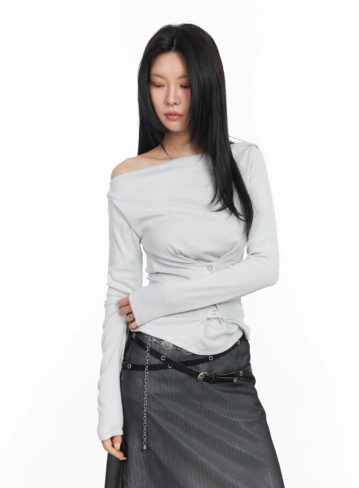 off-shoulder-corset-long-sleeve-top-cm516 / Light gray