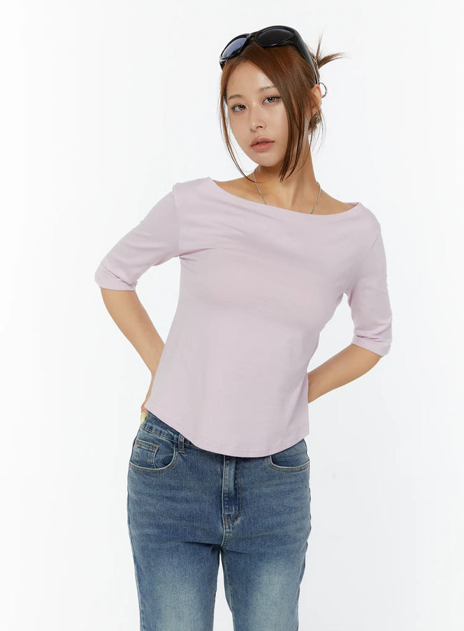 minimalist-3-4-sleeve-boat-neck-top-cy520 / Light pink