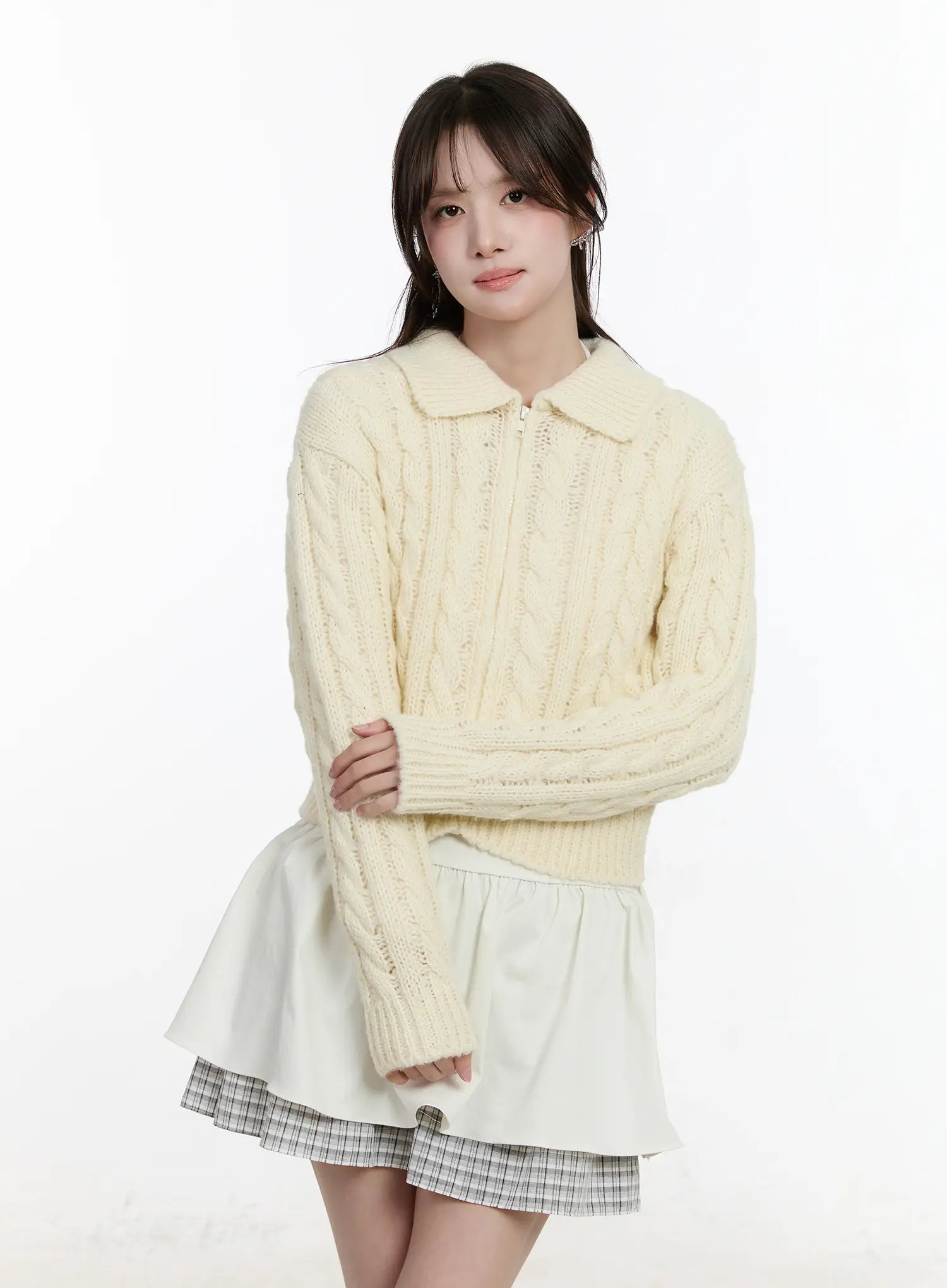 cable-knit-zip-up-jacket-cm510 / Light yellow