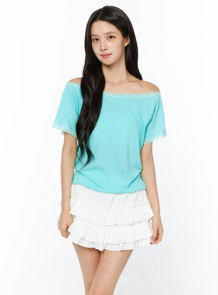 Lace Trim Off-Shoulder Tee CU522 in Mint, size S/M