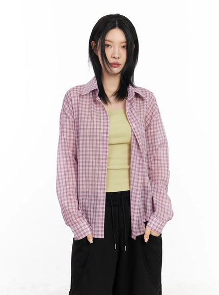 plaid-button-up-long-sleeve-shirt-cf526 / Purple
