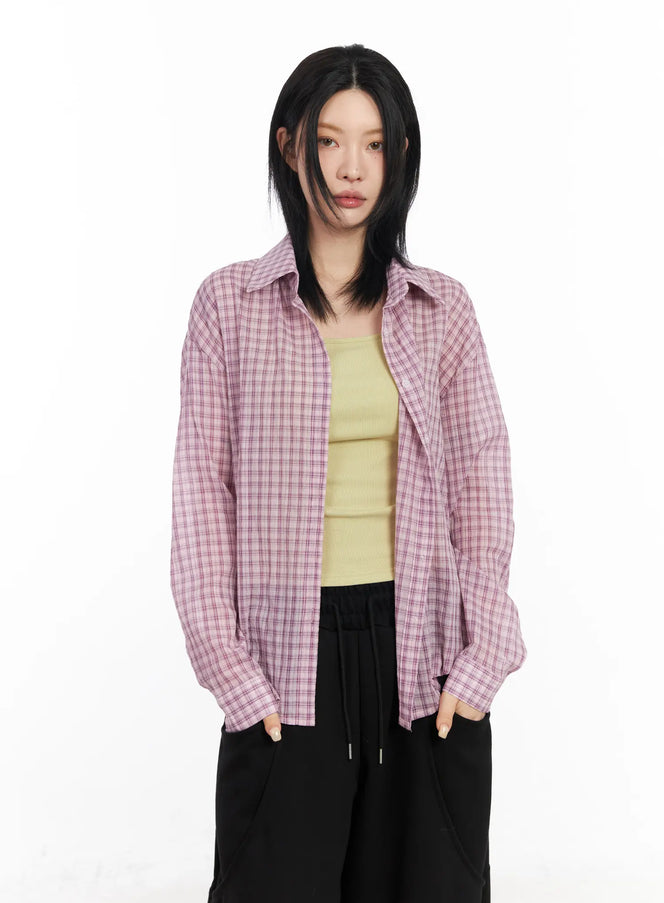 plaid-button-up-long-sleeve-shirt-cf526 / Purple