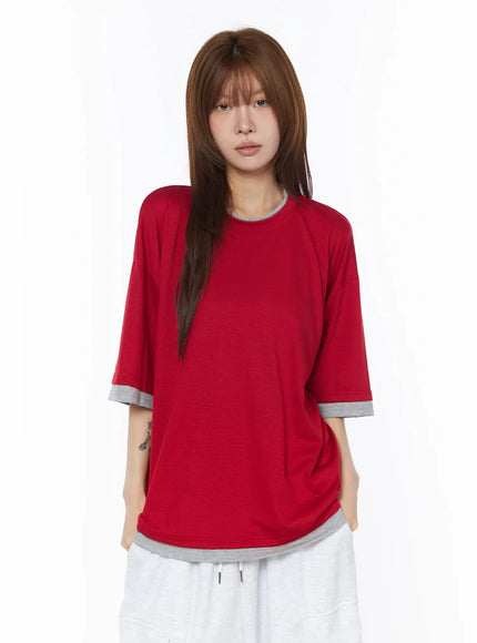 oversized-layered-t-shirt-cy527 / Red