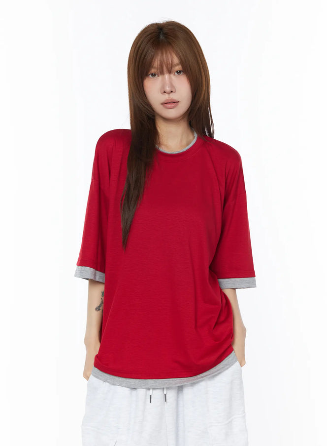 oversized-layered-t-shirt-cy527 / Red