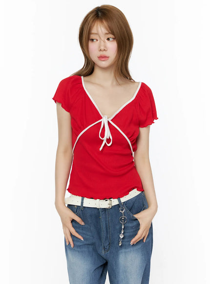 v-neck-ribbon-short-sleeve-top-iu515 / Red