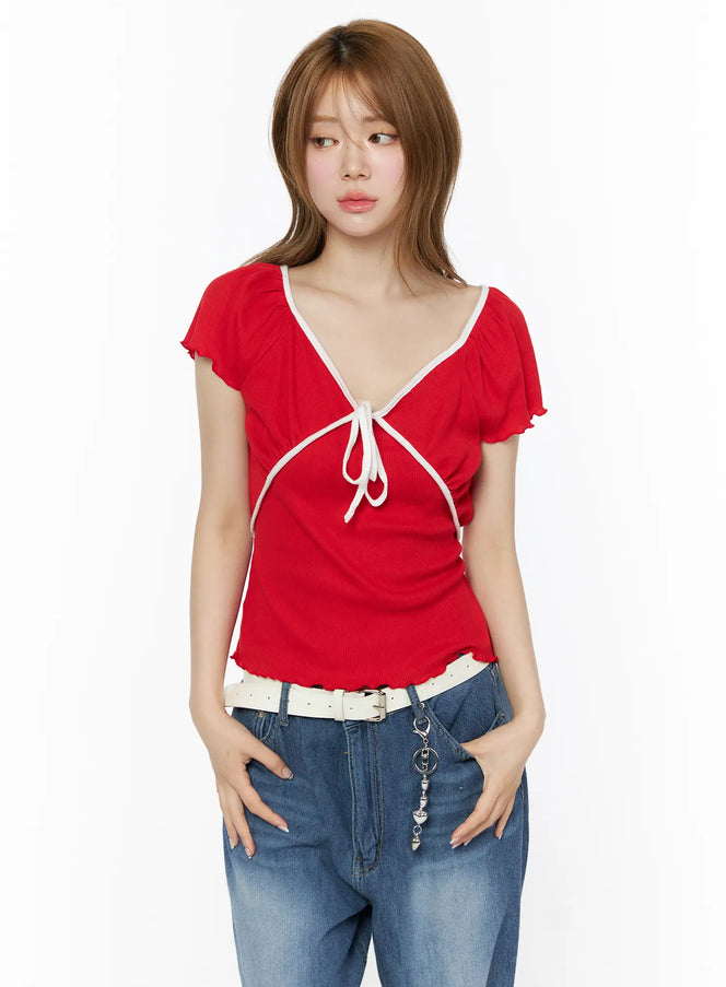 v-neck-ribbon-short-sleeve-top-iu515 / Red