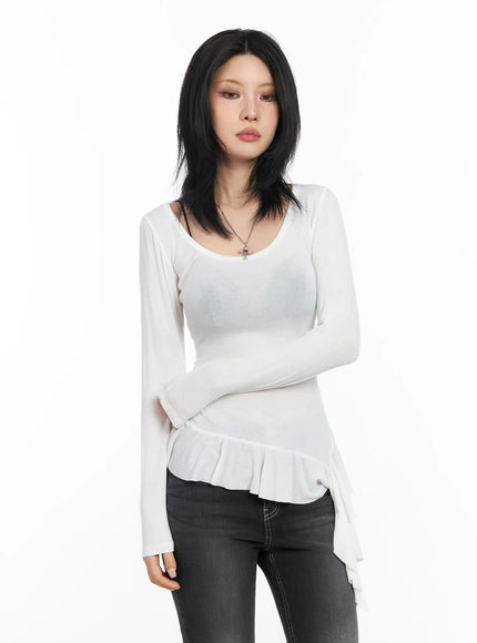 asymmetric-ruffle-edge-u-neck-top-cd1202 / White