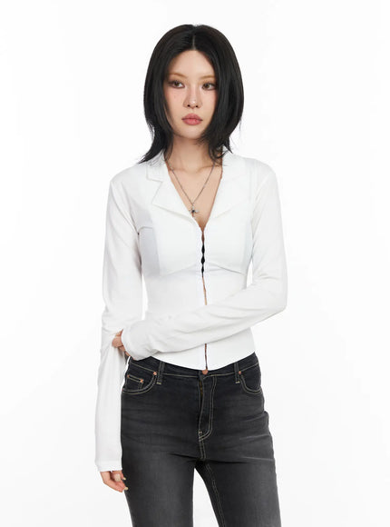 collared-corset-button-long-sleeve-top-cd1202 / White
