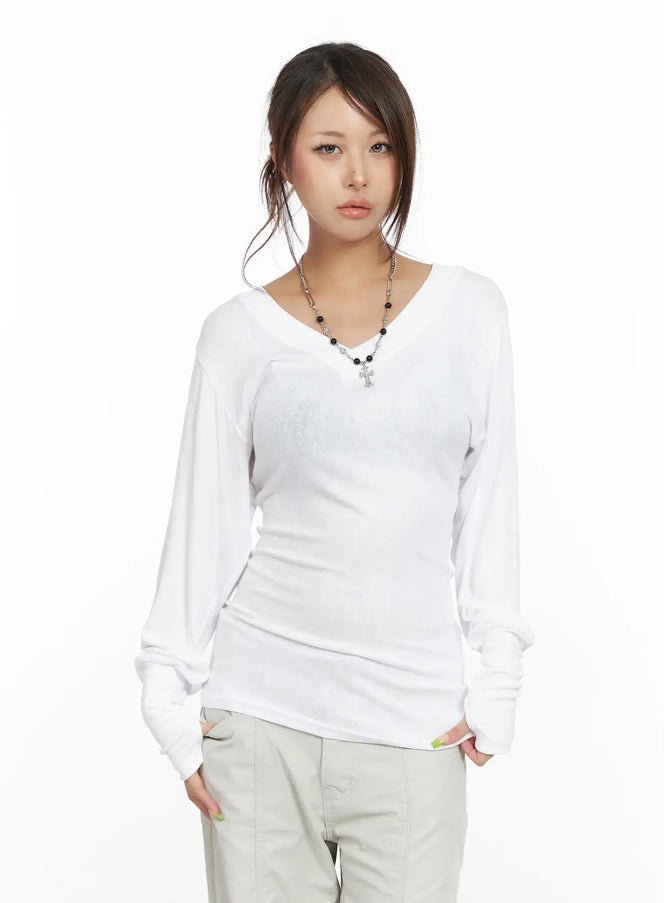 v-neck-long-sleeve-tee-cf512 / White