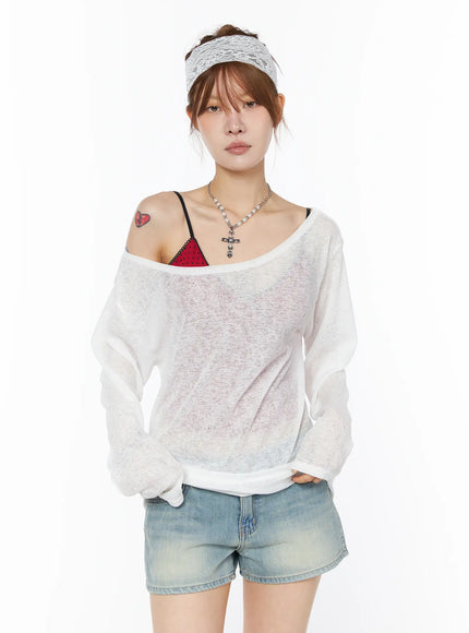 sheer-off-shoulder-long-sleeve-top-cy528 / White