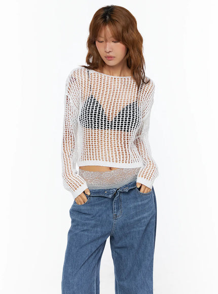 loose-summer-knit-long-sleeve-top-cu518 / White