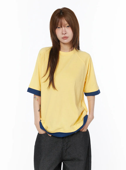 oversized-raglan-layered-t-shirt-cy527 / Yellow