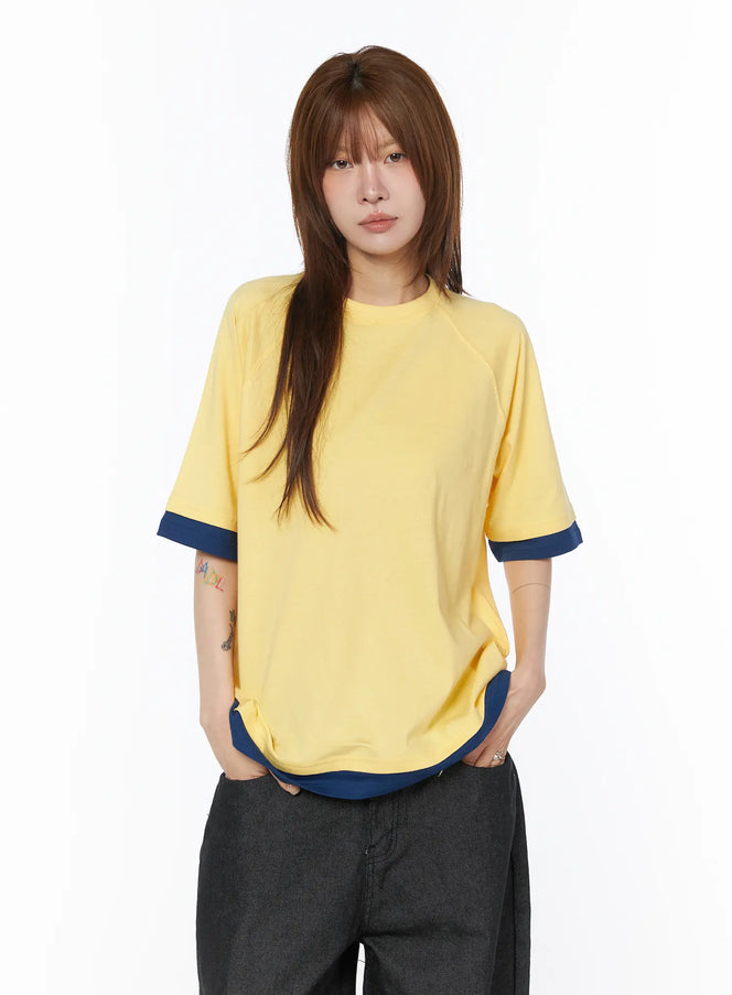 oversized-raglan-layered-t-shirt-cy527 / Yellow