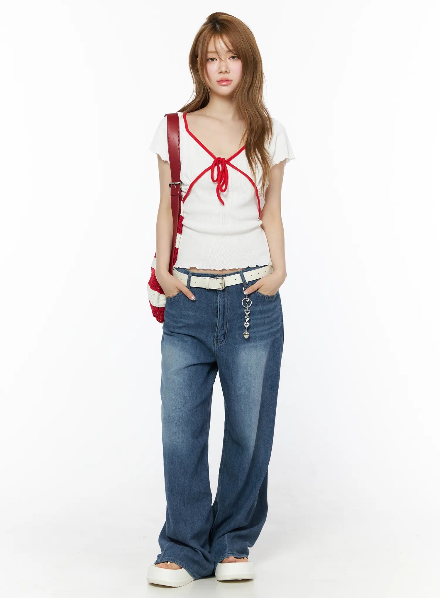 V-Neck Ribbon Short Sleeve Top IU515 - Casual style | LEWKIN V-Neck Ribbon Short Sleeve Top IU515 - Casual style | LEWKIN