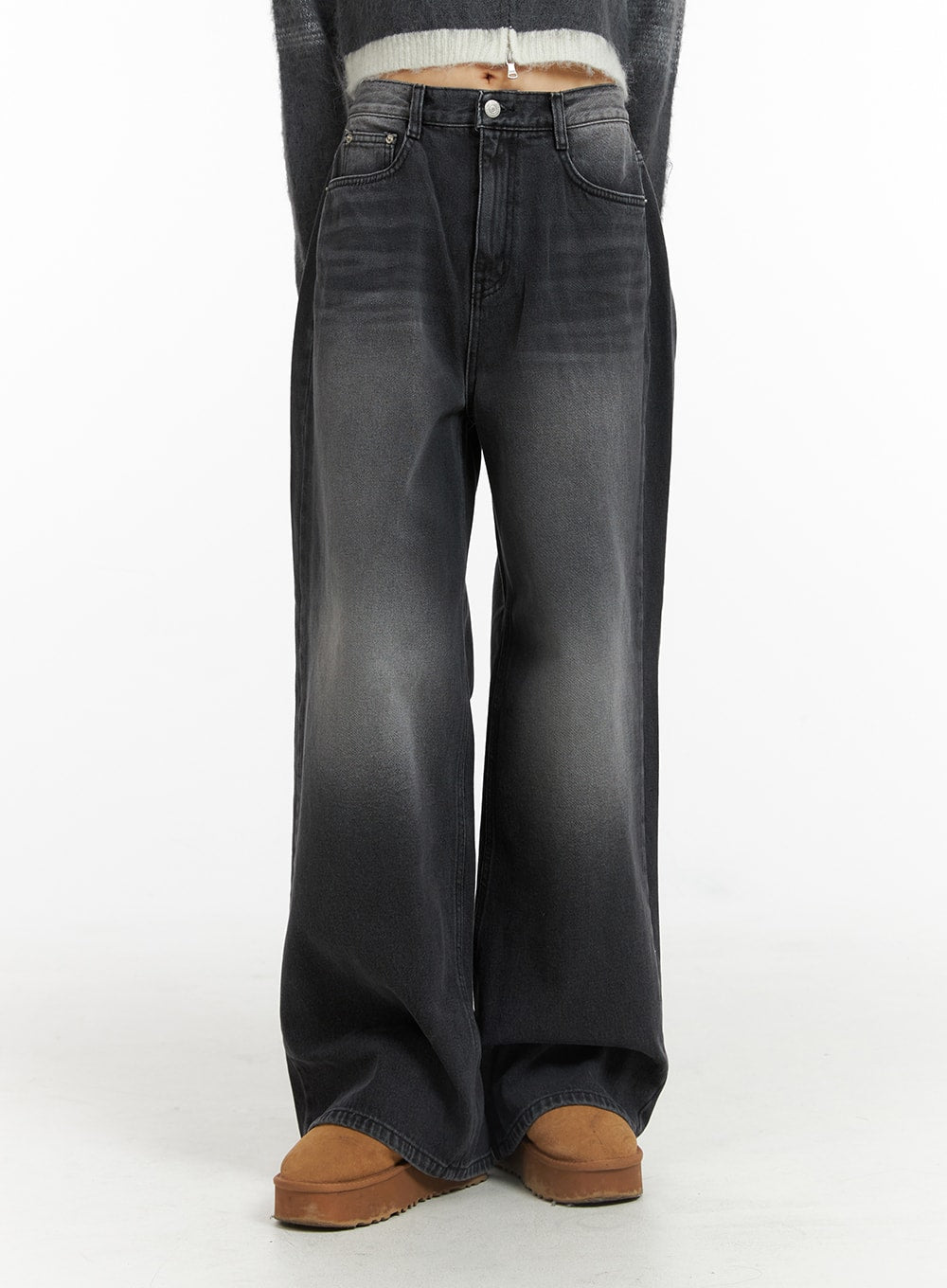 LEWKIN Denim Mid-Waist Pocket Wide Leg Jeans CJ415 in washed black, front close-up on model, mid-waist with silver button, wide-leg cotton denim, paired with chunky brown platform shoes.