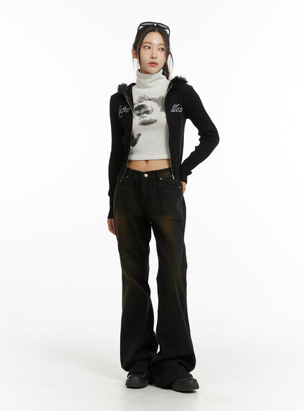 Zip-Up Lettering Hooded Crop Knit Top CD314