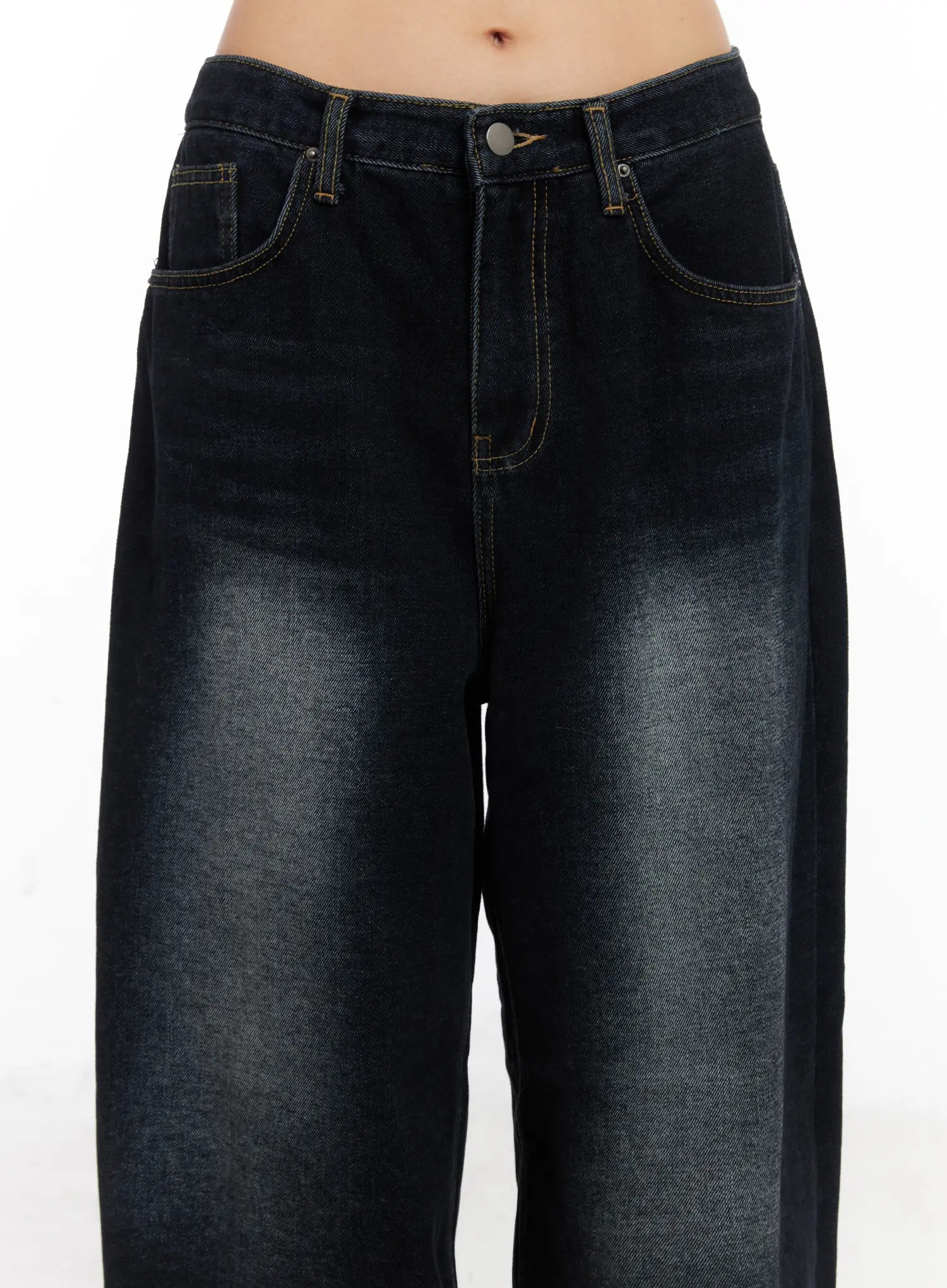 Soph Fleece-Lined Washed Wide-Leg Jeans CD509 in dark washed indigo, close-up of waistband and front pockets, showing contrast gold stitching and faded wash detail on cotton denim.