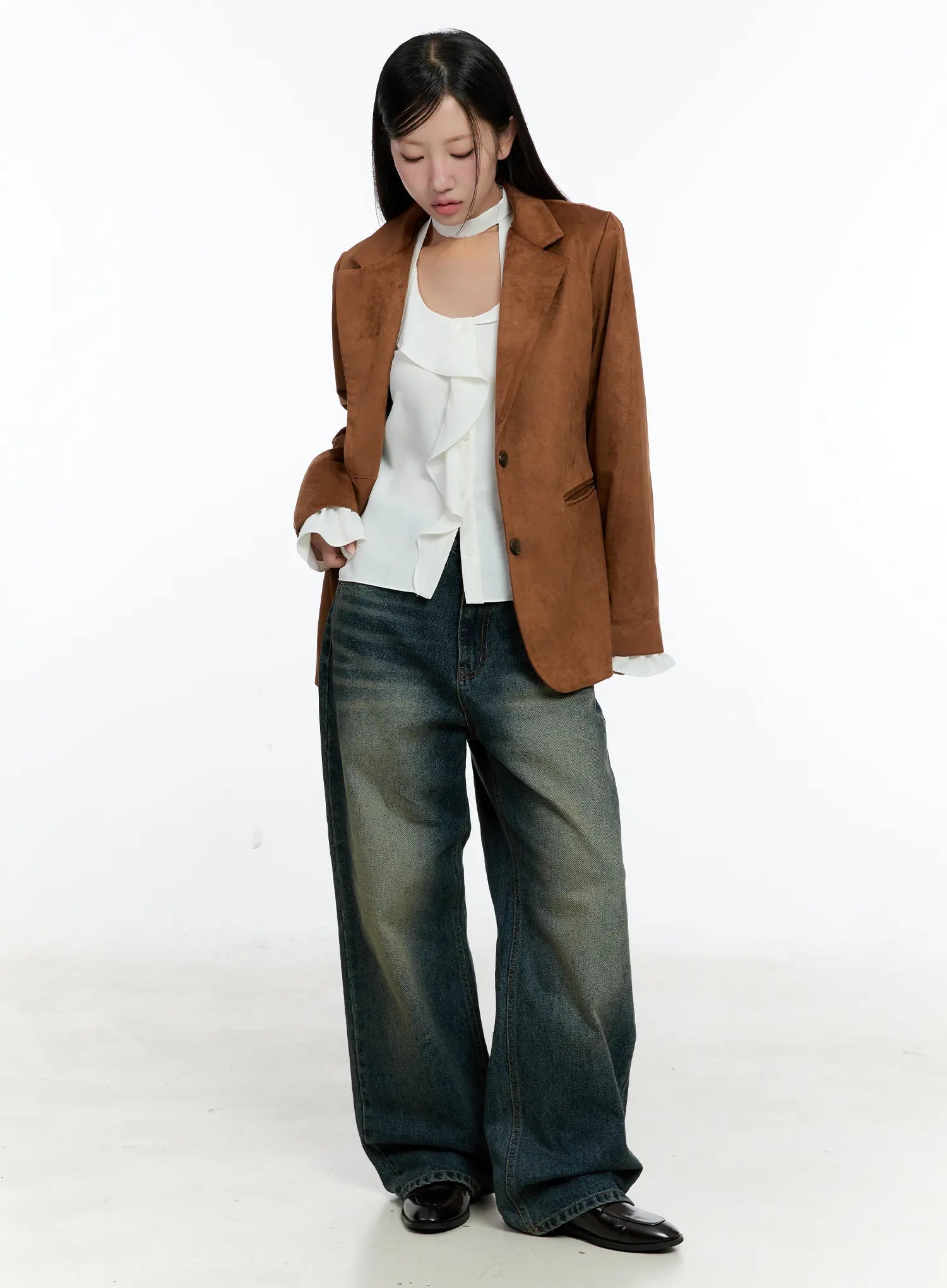 Lilian Vintage Wash Wide-Leg Jeans CS518 in vintage blue-green, full-length front on model styled with brown suede blazer and white ruffle blouse, black loafers.