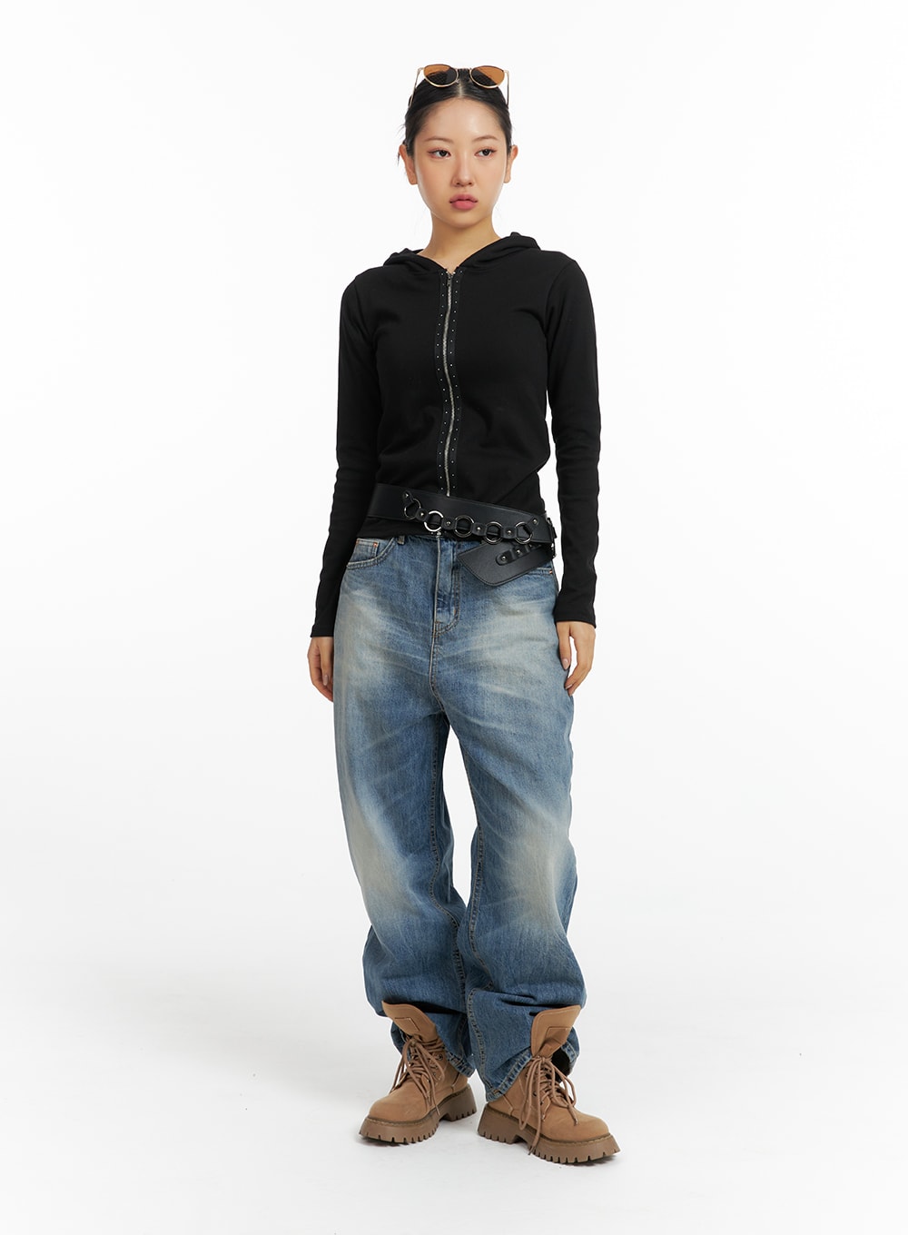 Wide Washed Denim Jeans CF419 in blue, full-body front shot on model, petite wide-leg washed denim pooling at ankle, styled with black hoodie and chain belt.