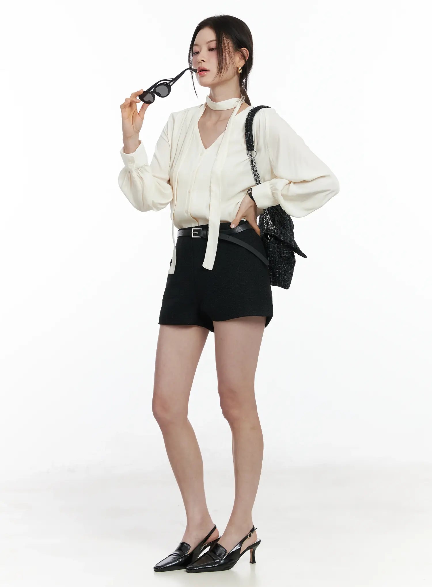 v-neck-shirred-blouse-and-scarf-set-if525