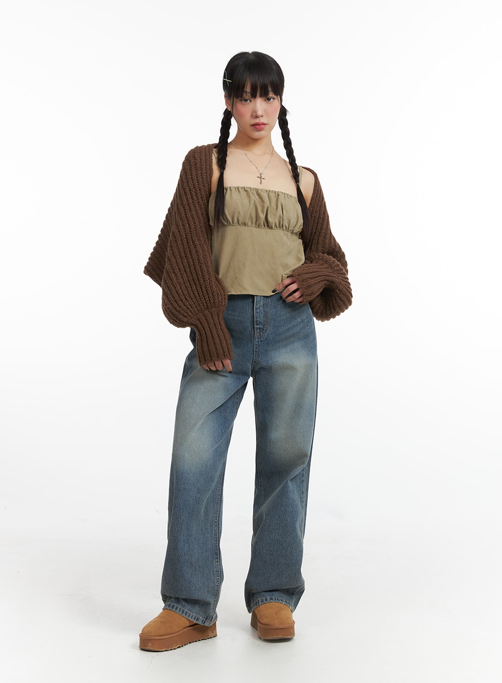 Solid Mid Waist Pocket Straight Leg Jeans IJ411 in washed blue, full-body slightly angled view on model, wide-leg petite denim with faded wash, paired with khaki bustier, brown chunky cardigan and tan platform boots.