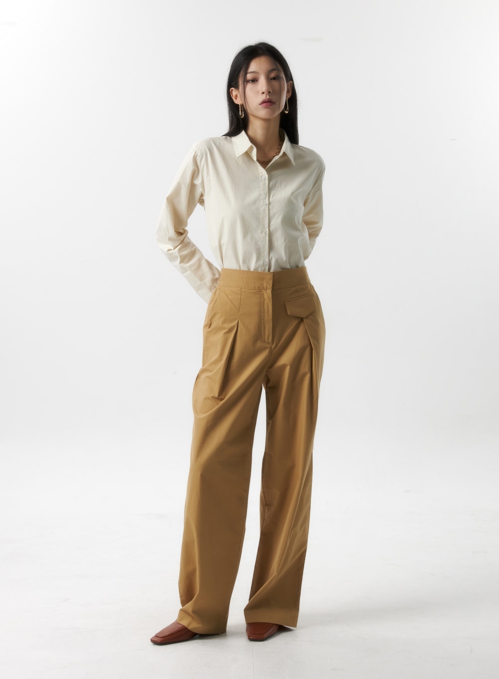 Ladies Pintuck Beige Wide Leg Dress Pants