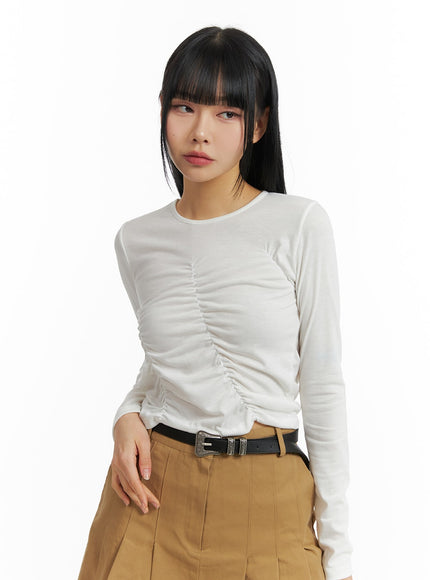 solid-round-neck-ruched-long-sleeve-top-cm407