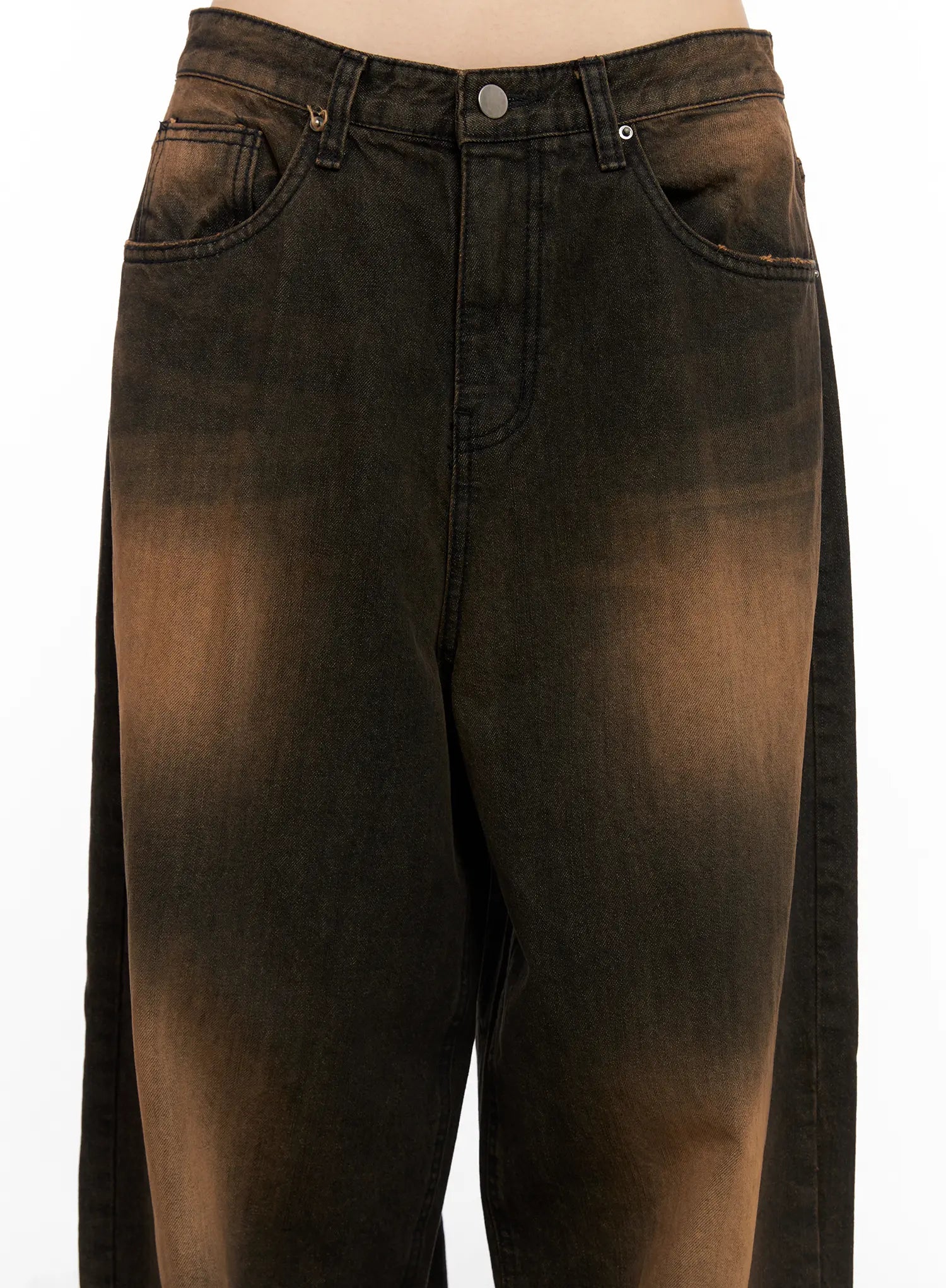 Analia Washed Wide-Leg Jeans CO529 in brown, waist close-up detail showing front pockets, button closure, and washed brown-to-black gradient denim texture.