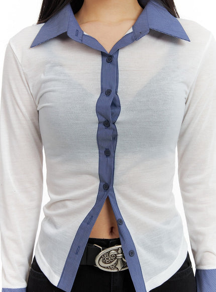 contrasting-binding-button-up-blouse-cm421