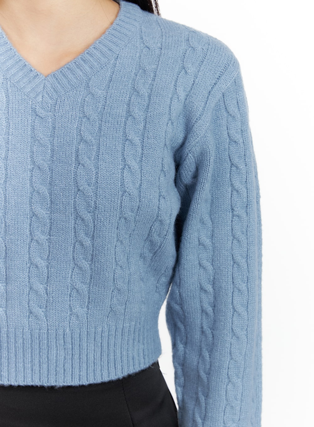 Cable Knit V-Neck Cropped Long Sleeve CF416 - Light Blue S/M