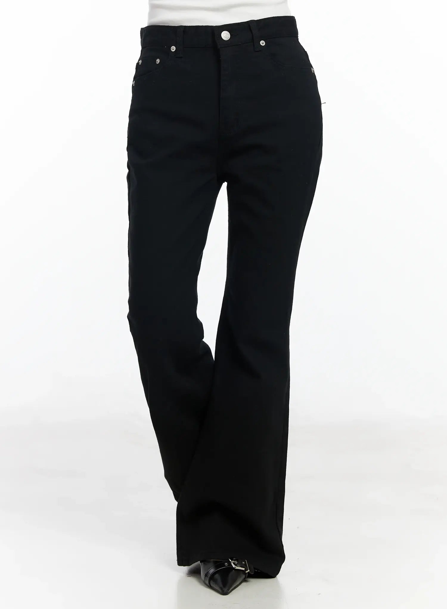 Ellis High-Waist Bootcut Jeans IJ529 in black, front mid-distance product shot on model, high-waist waistband with silver button, slim fit through thigh flaring to bootcut hem.