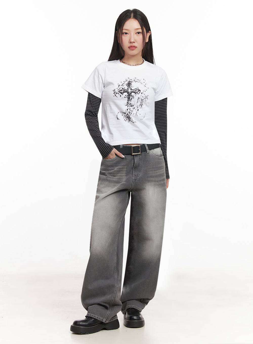 Becca Washed Straight-Leg Jeans IM524 in grey, full-length front view on model, wide-fit washed cotton denim, worn with striped layered tee, belt, and black platform loafers.