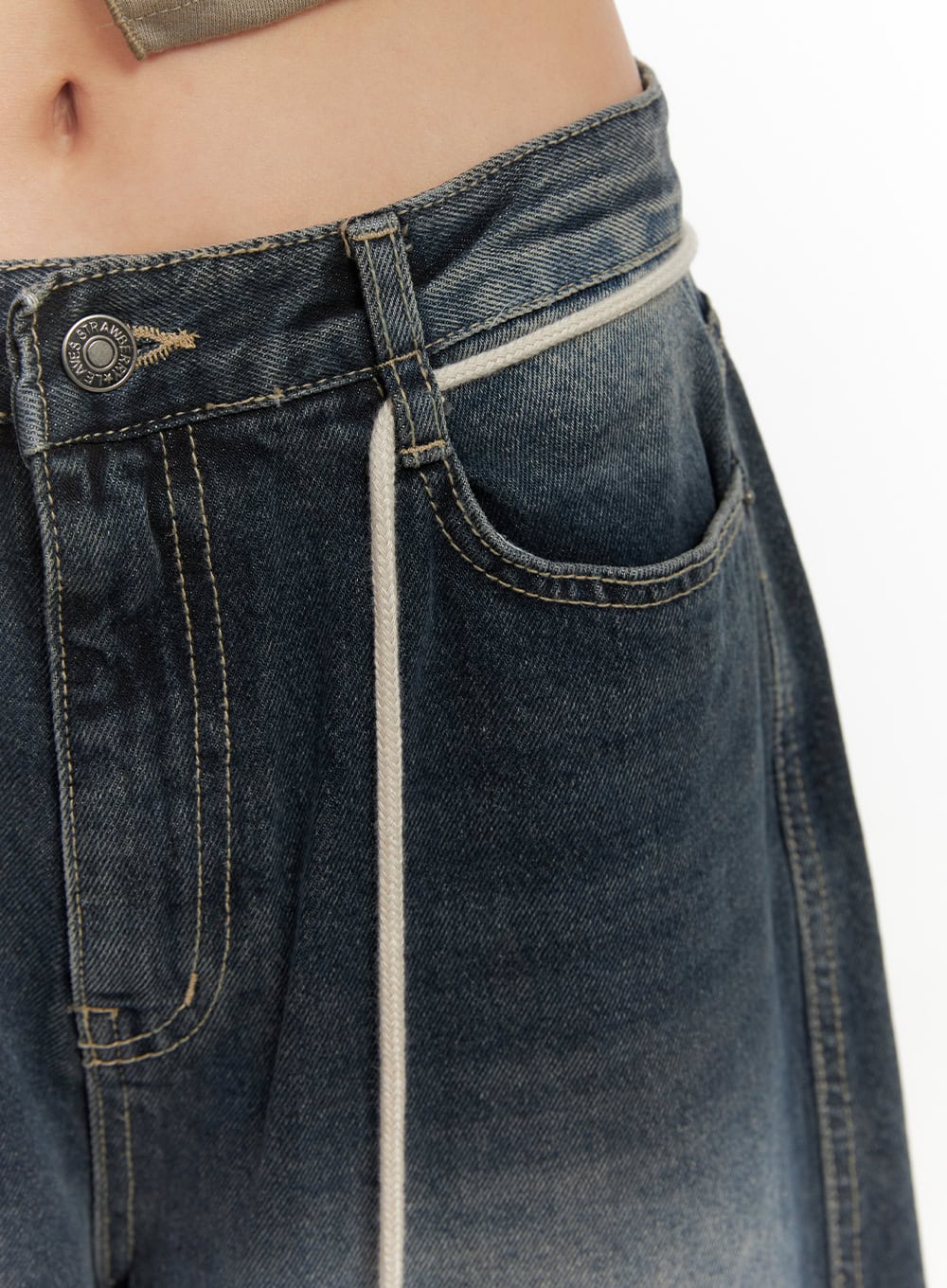 Vivian Washed Cotton Baggy Jeans CD409 in dark blue, waistband close-up detail showing cream drawstring, branded button, contrast stitching, and washed denim texture.